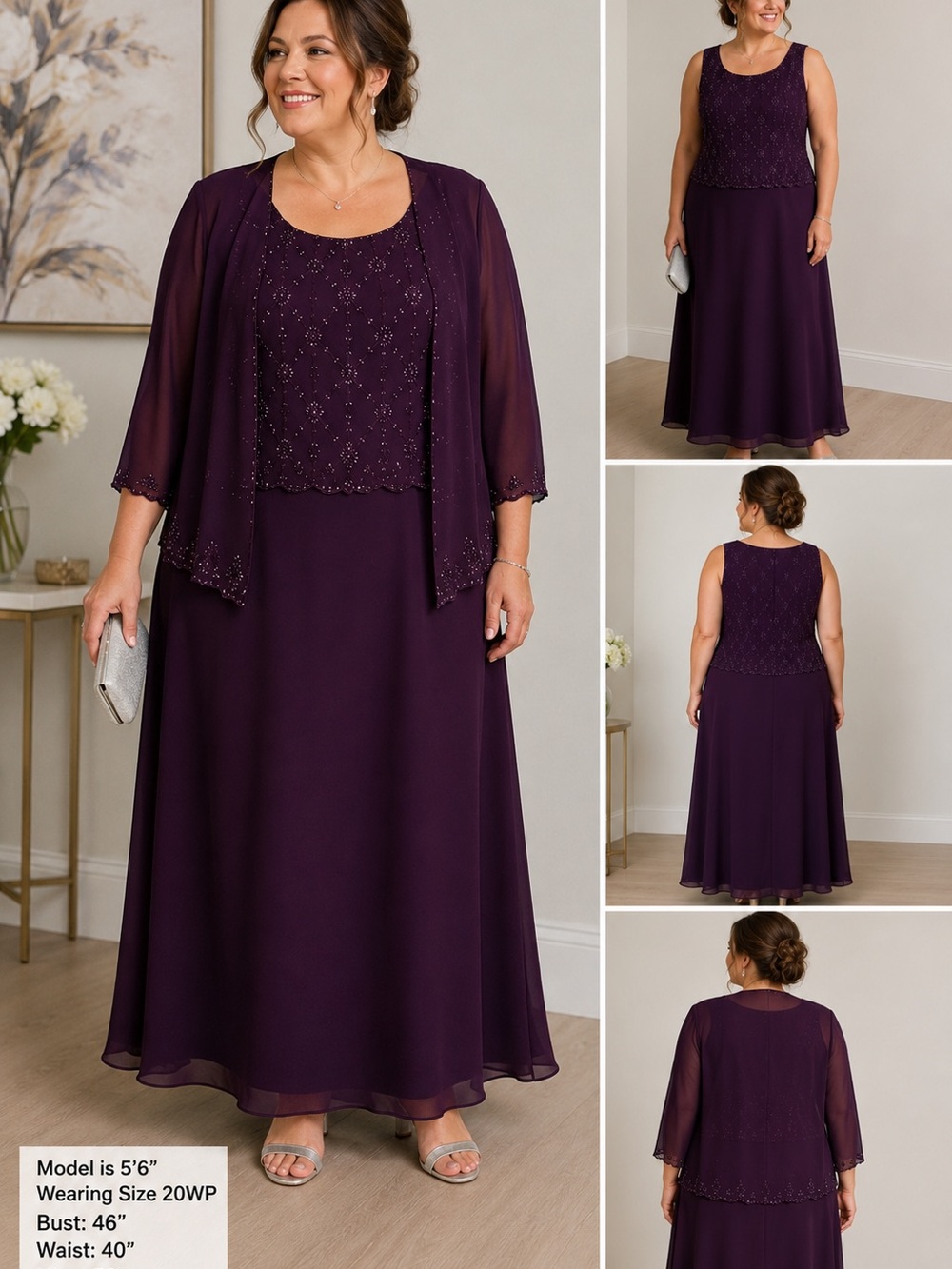 David's Bridal Deep Purple Beaded Maxi Dress with Sheer Jacket